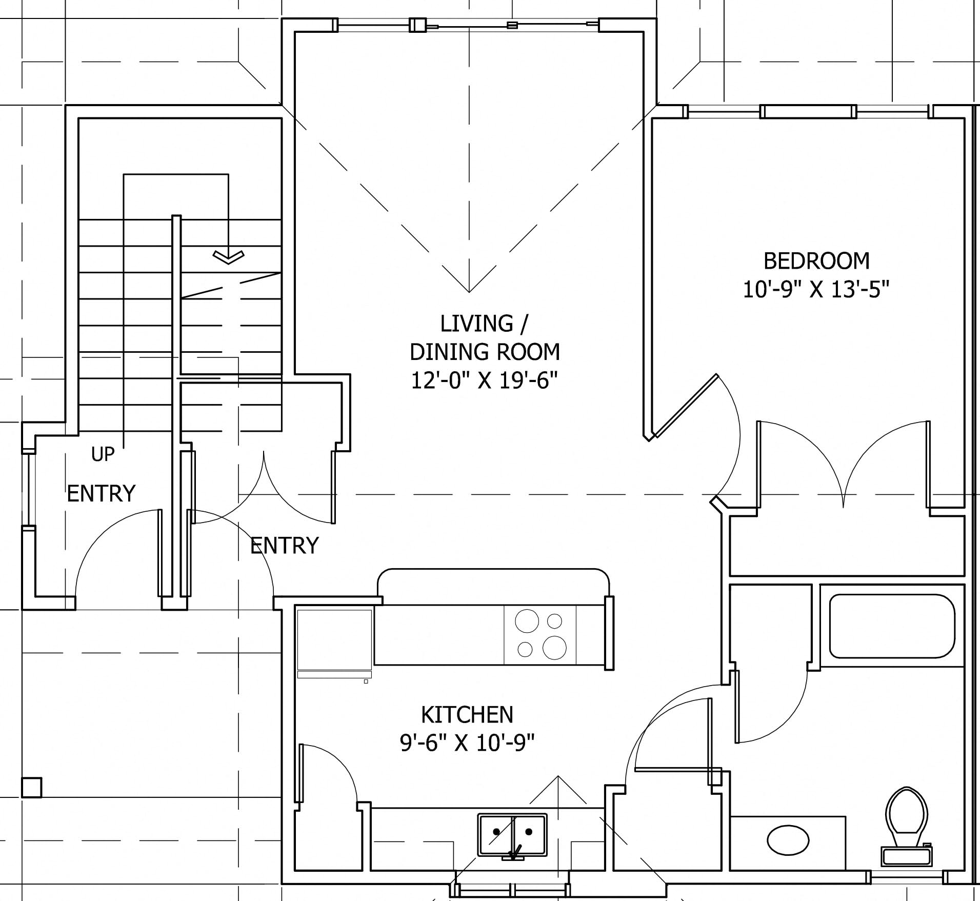 Floor plan for 1 bed, 1 bath, 790 sqft
